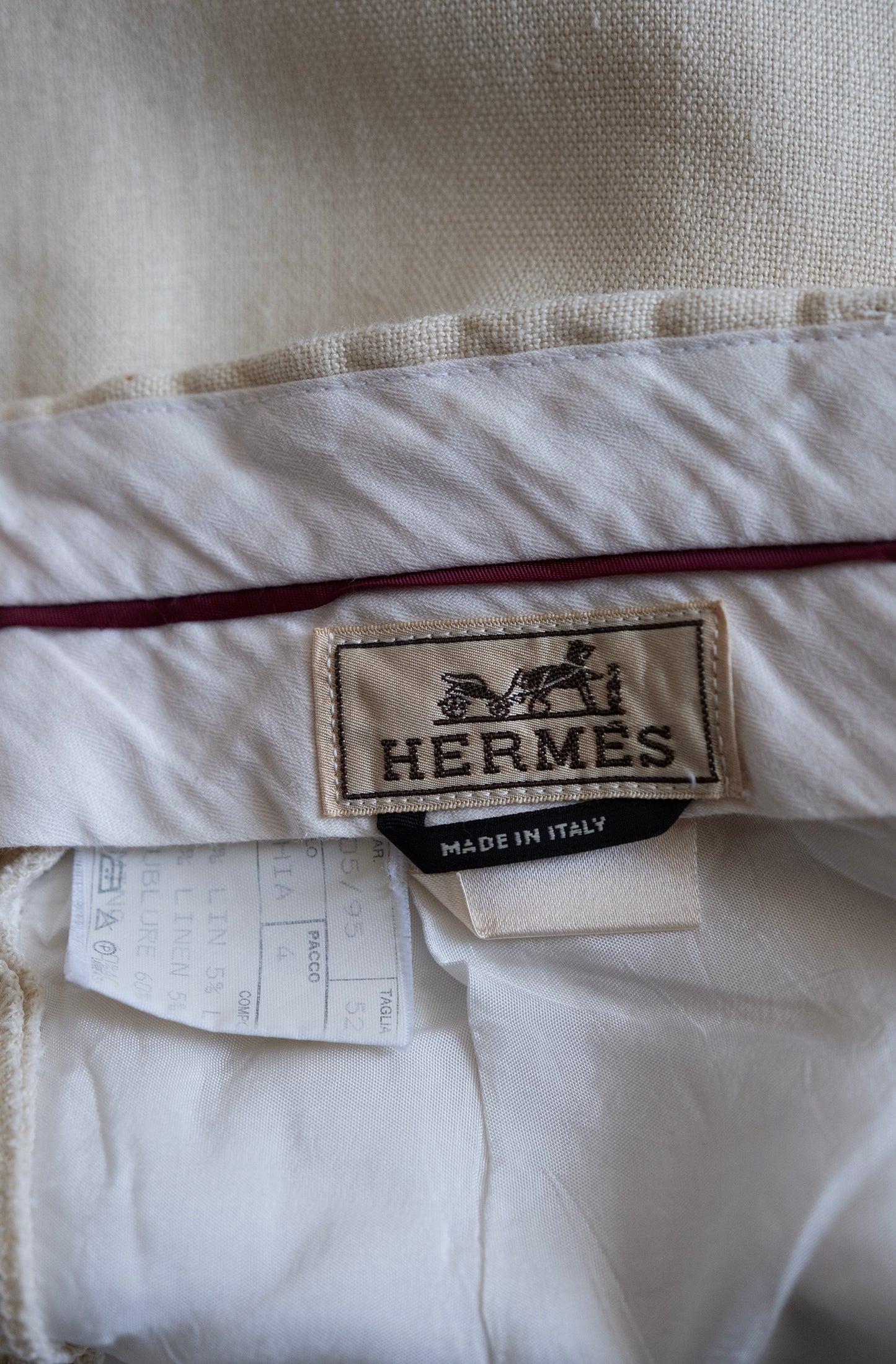 Vintage 1980s Hermes Linen Trousers with Leather Trim