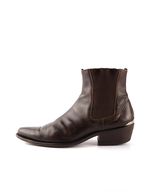 Helmut Lang S/S 2004 Pointed Cuban Heel Boots in Brown Leather with Metal Accent
