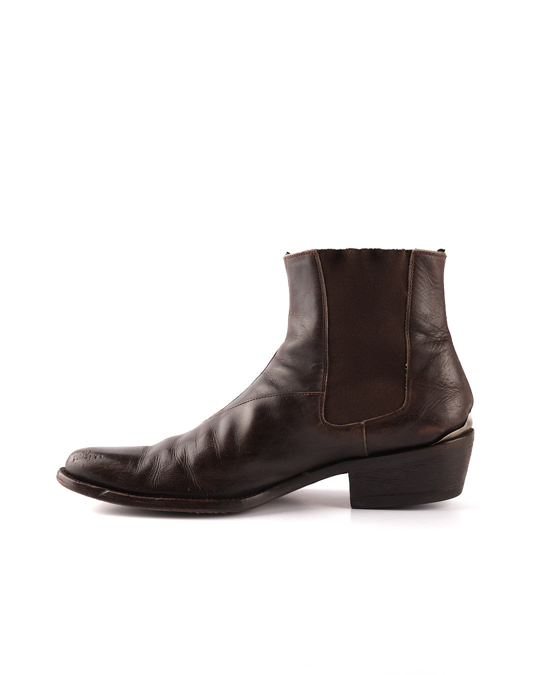 Helmut Lang S/S 2004 Pointed Cuban Heel Boots in Brown Leather with Metal Accent