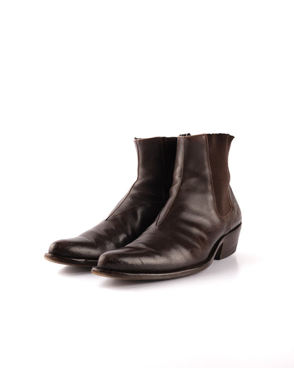 Helmut Lang S/S 2004 Pointed Cuban Heel Boots in Brown Leather with Metal Accent