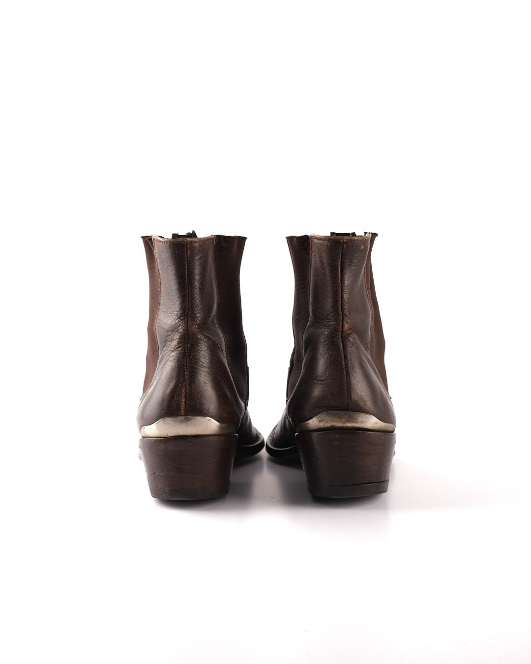 Helmut Lang S/S 2004 Pointed Cuban Heel Boots in Brown Leather with Metal Accent