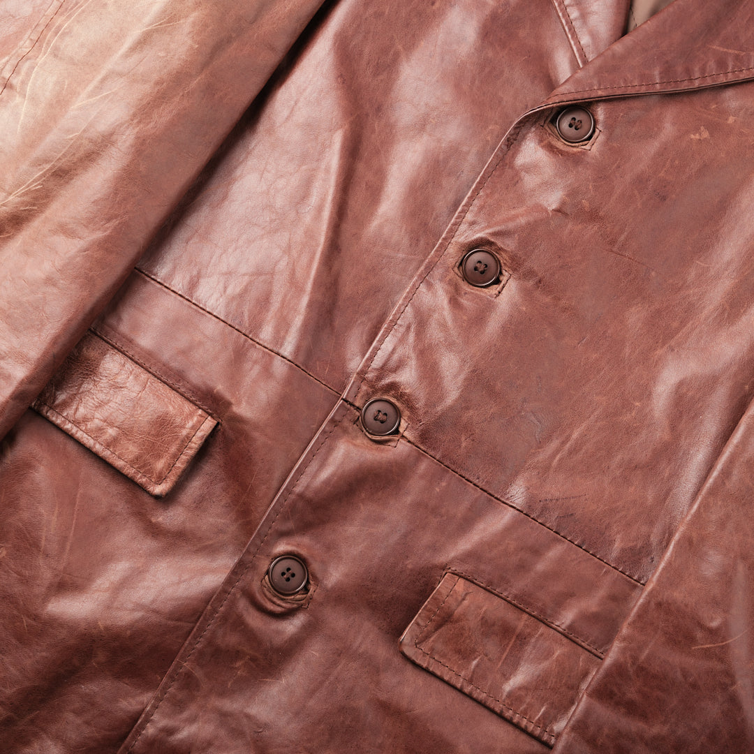 Vintage Italian 1970s Heavily Patinated Leather Trench Coat in Brown Leather